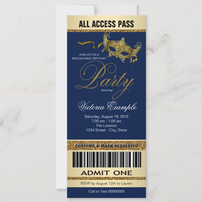 Royal Blue Gold Ticket Style Masquerade Party Invitation (Front)
