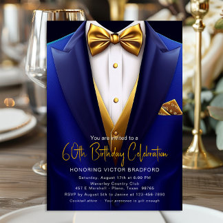 Royal Blue Gold Tuxedo Any Number Birthday Invitation