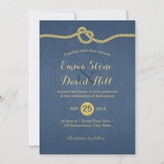 Royal Blue & Gold Tying the Knot Wedding Invitation (Front)