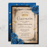 Royal Blue Gold Watercolor Elegant Quinceanera Invitation<br><div class="desc">Elegant royal blue and gold quinceanera invitations that can be personalised for your sweet 15 birthday party, wedding, or other special celebrations. The beautiful design incorporates glitter gold butterfly confetti and navy blue watercolor roses illustrated by Raphaela Wilson. The fancy vintage gown/dresses border accents the rich parchment paper on the...</div>