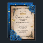 Royal Blue Gold Watercolor Elegant Quinceanera Invitation<br><div class="desc">Elegant royal blue and gold quinceanera invitations that can be personalised for your sweet 15 birthday party, wedding, or other special celebrations. The beautiful design incorporates glitter gold butterfly confetti and navy blue watercolor roses illustrated by Raphaela Wilson. The fancy vintage gown/dresses border accents the rich parchment paper on the...</div>