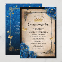 Royal Blue Gold Watercolor Elegant Quinceanera