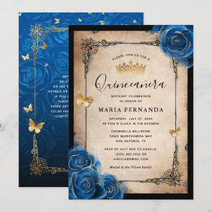 Royal Blue Gold Watercolor Elegant Quinceanera Invitation