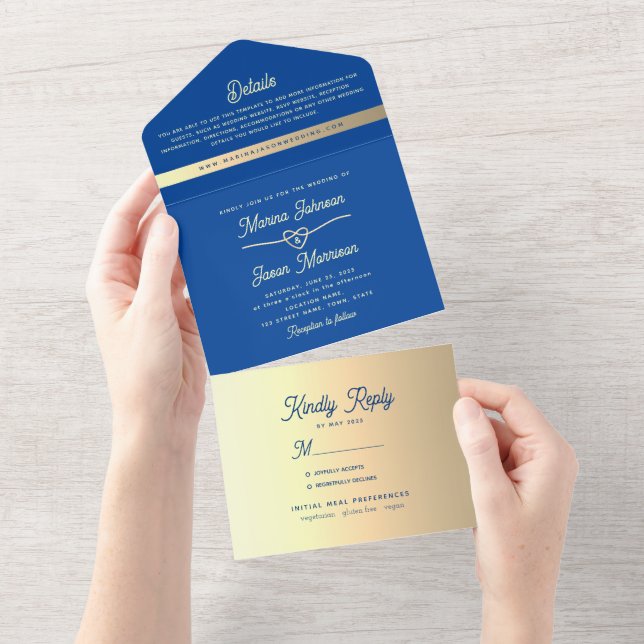 Royal Blue Gold Wedding All In One Invitation (Tearaway)