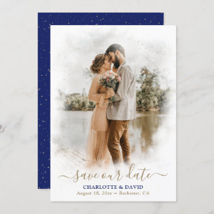 Royal Blue Gold Wedding Photo Save Our Date Card