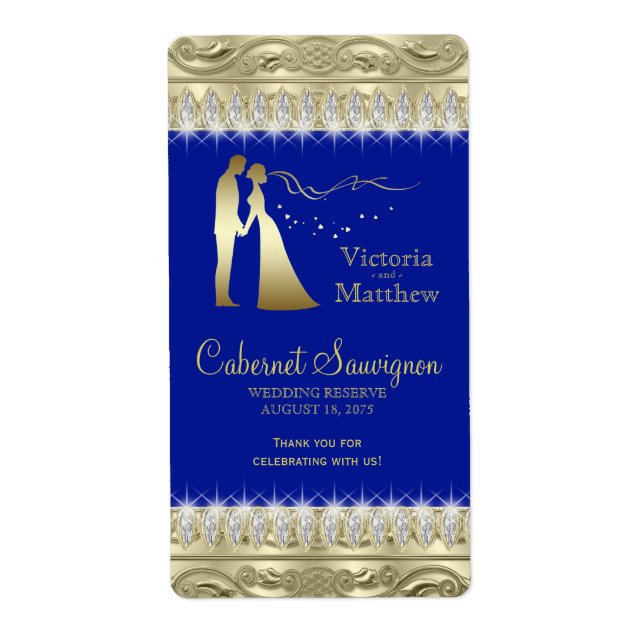 Royal Blue Gold Wedding Wine Labels (Front)
