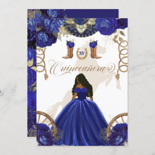 Royal Blue Gold Western Charro 2-Sided Quinceanera Invitation
