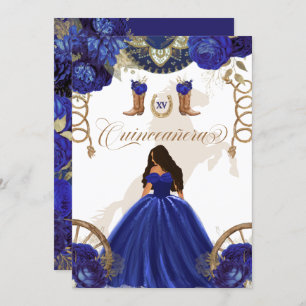 Royal Blue Gold Western Charro 2-Sided Quinceanera Invitation