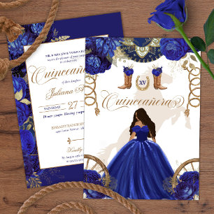 Royal Blue Gold Western Charro 2-Sided Quinceanera Invitation