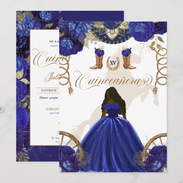 Royal Blue Gold Western Charro 2-Sided Quinceanera Invitation (Front/Back)