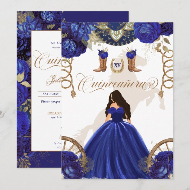 Royal Blue Gold Western Charro 2-Sided Quinceanera Invitation (Front/Back)