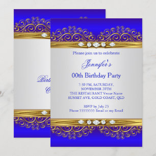 Royal Blue Gold White Diamond Birthday Party Invitation