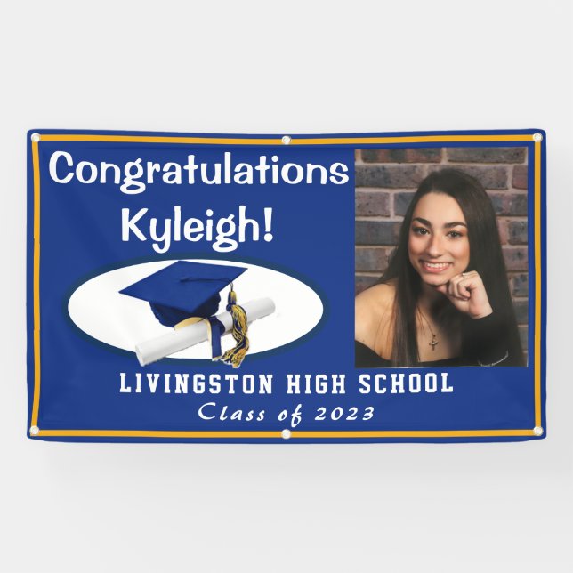Royal Blue, Gold & White Vinyl Graduation Photo Banner (Horizontal)