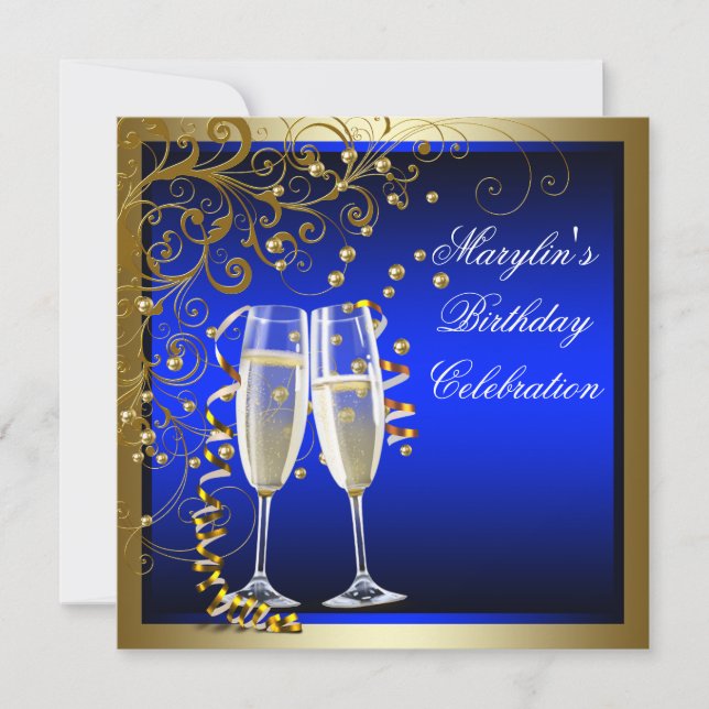 Royal Blue Gold Womans Blue Gold Birthday Invitation (Front)