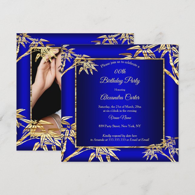 Royal Blue Golden Bamboo photo Birthday Party Invitation (Front/Back)