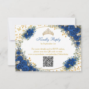 Royal Blue Golden Butterflies Quinceañera RSVP Card