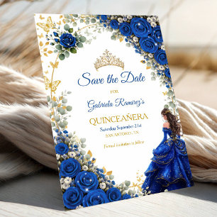 Royal Blue Golden Butterflies Quinceañera Save The Date