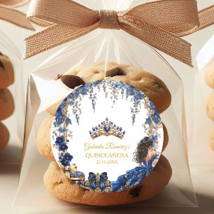 Royal Blue Golden Tiara Floral Quinceañera Classic Round Sticker