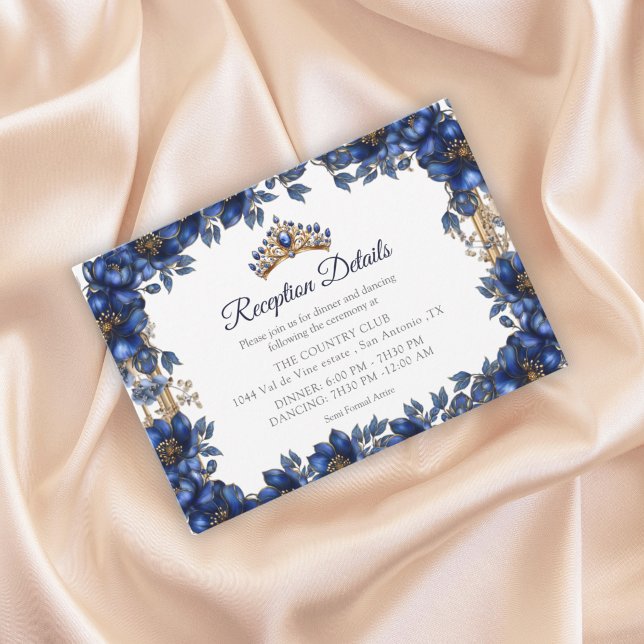 Royal Blue Golden Tiara Floral Quinceañera Enclosure Card (Creator Uploaded)