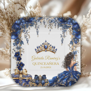 Royal Blue Golden Tiara Floral Quinceañera Paper Plate