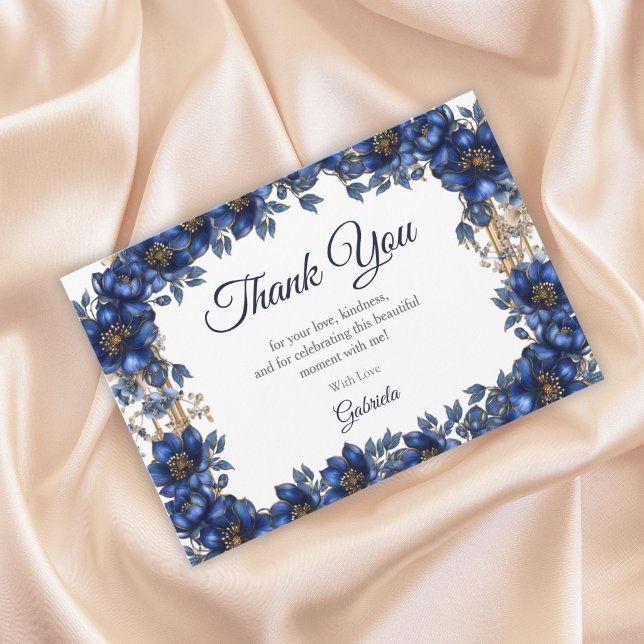 Royal Blue Golden Tiara Floral Quinceañera Thank You Card (Creator Uploaded)