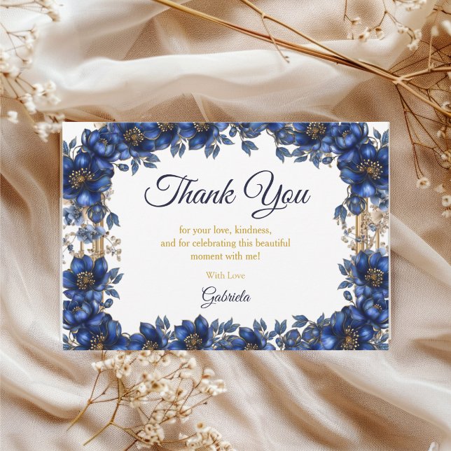 Royal Blue Golden Tiara Floral Quinceañera Thank You Card (Creator Uploaded)