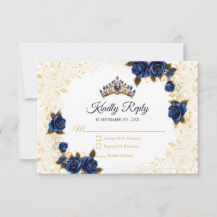 Royal Blue Golden Tiara Floral Rose Quinceañera RSVP Card