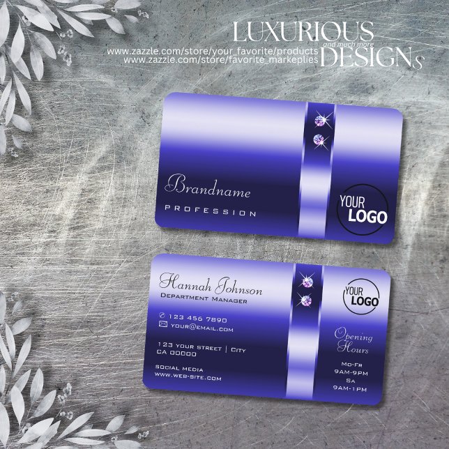 Royal Blue Gradient Shimmering Diamonds and Logo Business Card (Creator Uploaded)