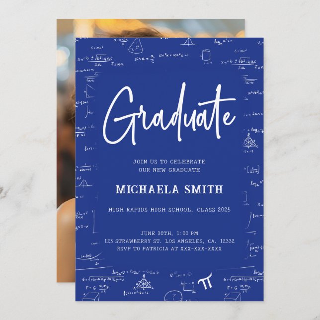 Royal Blue Graduate Math Photo Graduation Invitation (Front/Back)