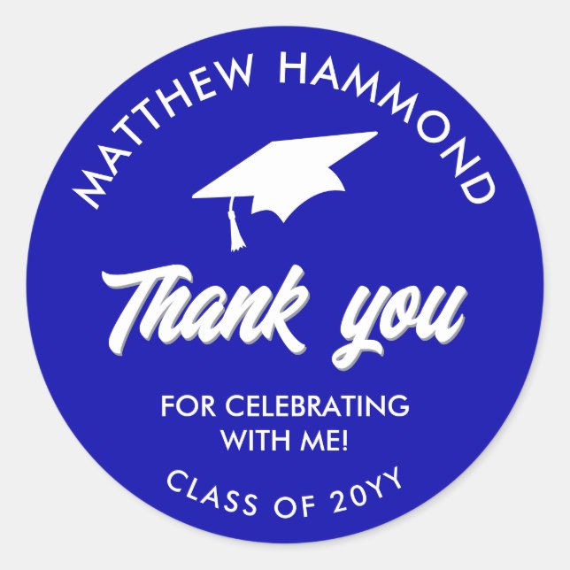 Royal Blue Graduating Class Thank You Grad Cap Classic Round Sticker (Front)