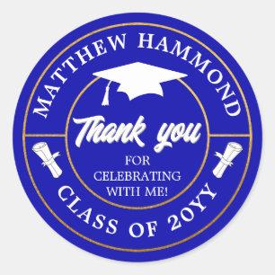 Royal Blue Graduating Class Thank You Grad Cap Classic Round Sticker