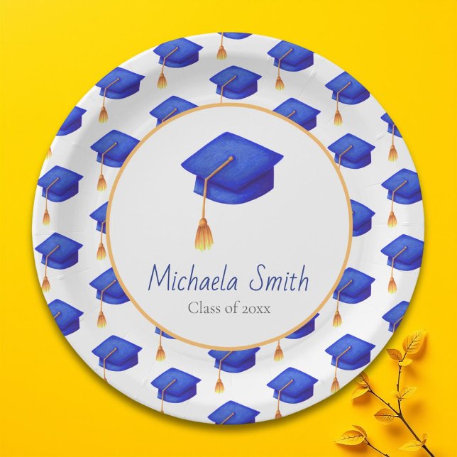 Royal Blue Graduation Cap Patterned Personalised Paper Plate (Royal Blue Graduation Cap Patterned Personalized Paper Plate)