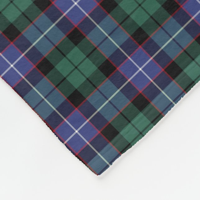 Royal Blue, Green, and Black Mitchell Clan Tartan Fleece Blanket (Corner)