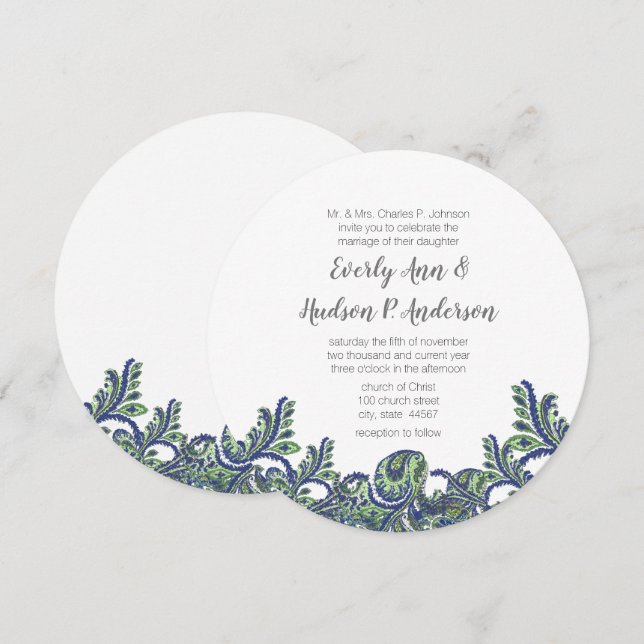 Royal Blue & Green Paisley Peacock Wedding Invite (Front/Back)