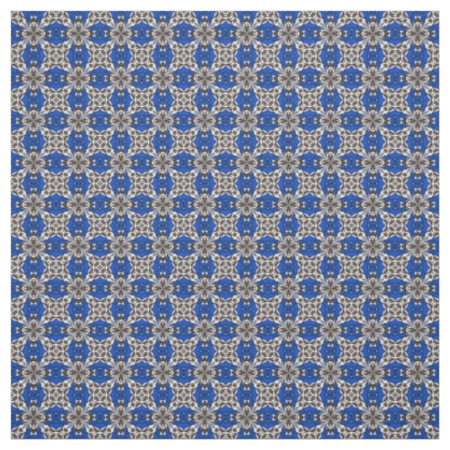 Royal Blue Grey and White Repeat Tile Pattern Fabric (Swatch)