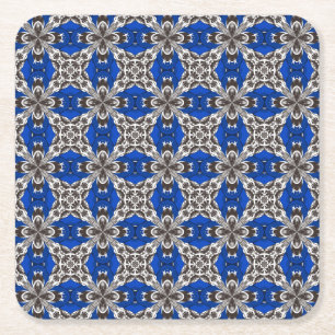 Royal Blue Grey and White Repeat Tile Pattern Square Paper Coaster