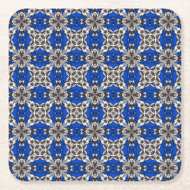 Royal Blue Grey and White Repeat Tile Pattern Square Paper Coaster (Front)