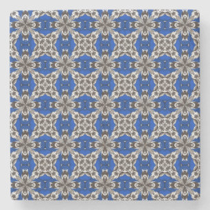 Royal Blue Grey and White Repeat Tile Pattern Stone Coaster