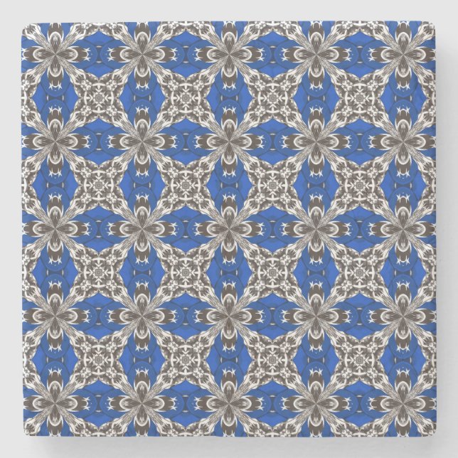 Royal Blue Grey and White Repeat Tile Pattern Stone Coaster (Front)