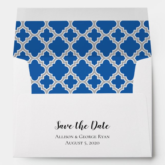 Royal Blue Grey Grey Quatrefoil Save The Date Envelope (Back (Bottom))