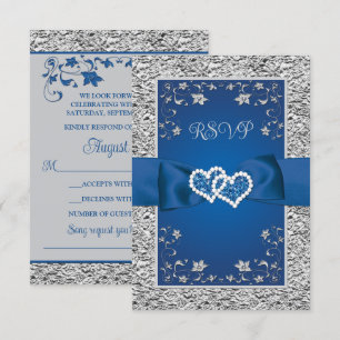 Royal Blue, Grey Love Hearts (SMALL) Wedding RSVP Card