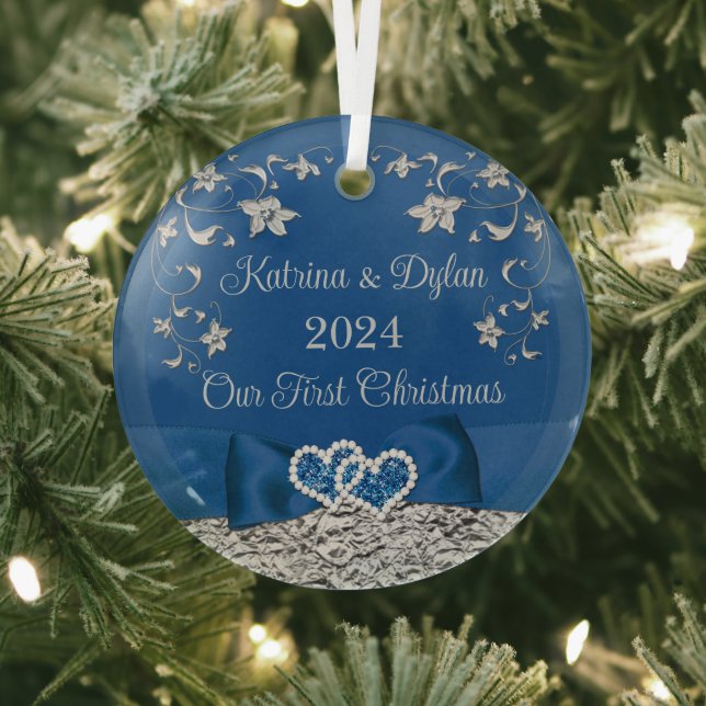 Royal Blue Grey Love Hearts Wedding 1st Christmas  Glass Tree Decoration (Insitu)