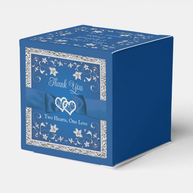 Royal Blue, Grey Love Hearts Wedding Favour Box (Back Side)