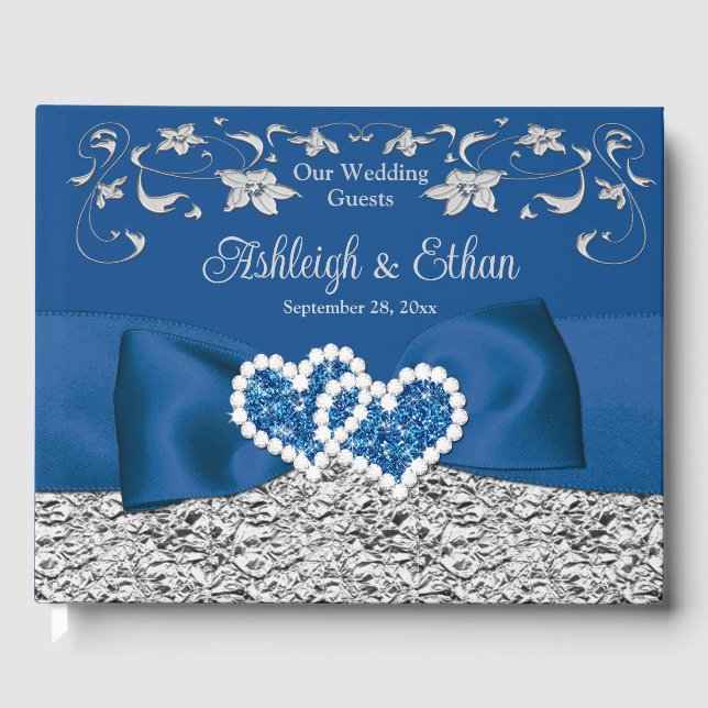Royal Blue, Grey Love Hearts Wedding Guest Book (Front)