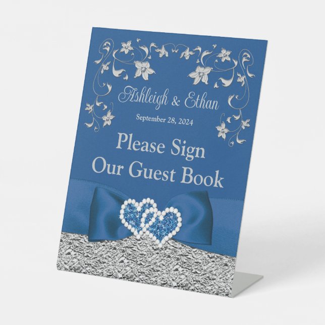 Royal Blue, Grey Love Hearts Wedding Pedestal Sign (Front)