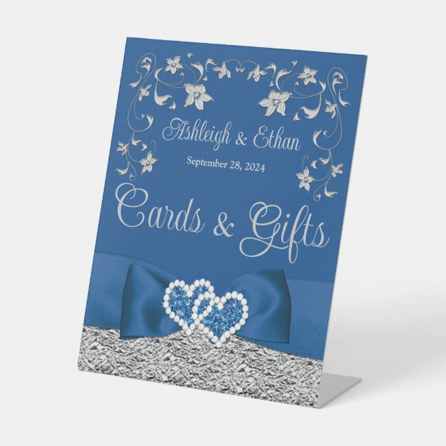 Royal Blue, Grey Love Hearts Wedding Pedestal Sign (Front)