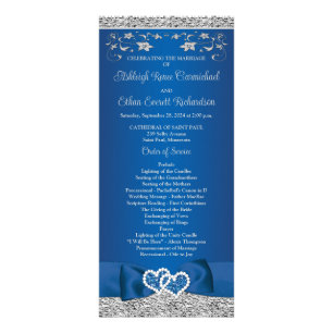 Royal Blue, Grey Love Hearts Wedding Program Rack Card