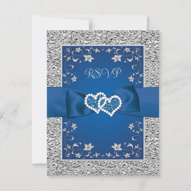 Royal Blue, Grey Love Hearts Wedding RSVP Card (Front)