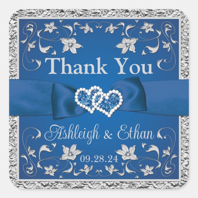 Royal Blue, Grey Two Hearts, One Love Square Sticker (Front)