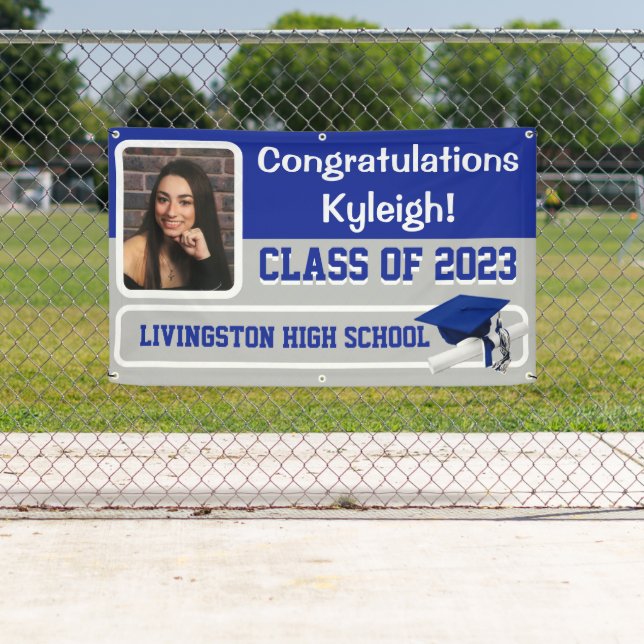 Royal Blue, Grey, & White Vinyl Graduation Banner (Insitu)